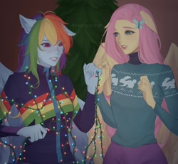 Size: 2048x1896 | Tagged: safe, artist:rainysyrup, fluttershy, rainbow dash, human, g4, christmas, christmas lights, christmas tree, clothes, duo, duo female, eared humanization, female, floppy ears, holiday, humanized, lesbian, pony coloring, ship:flutterdash, shipping, string lights, sweater, tangled up, tree, winged humanization, wings