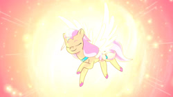 Size: 3072x1727 | Tagged: safe, screencap, sunny starscout, alicorn, pony, firework-ing together, g5, my little pony: tell your tale, spoiler:g5, spoiler:my little pony: tell your tale, spoiler:tyts01e42, eyes closed, female, glowing, glowing horn, high res, horn, mane stripe sunny, mare, race swap, smiling, solo, spread wings, sunnycorn, transformation, transformation sequence, wings, youtube link