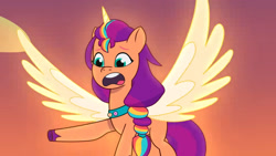 Size: 3072x1727 | Tagged: safe, screencap, sunny starscout, alicorn, pony, firework-ing together, g5, my little pony: tell your tale, spoiler:g5, spoiler:my little pony: tell your tale, spoiler:tyts01e42, female, flying, glowing, glowing horn, high res, horn, mane stripe sunny, mare, open mouth, race swap, solo, spread wings, sunnycorn, wings, youtube link