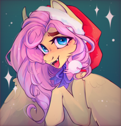 Size: 2244x2349 | Tagged: safe, artist:buckyholl, fluttershy, pegasus, pony, g4, christmas, fangs, female, green background, hat, high res, holiday, looking at you, mare, open mouth, open smile, santa hat, simple background, smiling, smiling at you, solo, tongue out
