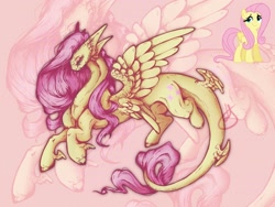 Size: 2048x1536 | Tagged: safe, artist:thelazyponyy, fluttershy, dragon, g4, dragoness, dragonified, female, flutterdragon, solo, species swap, spread wings, tail wings, winged hooves, wings, zoom layer