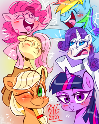 Size: 1080x1350 | Tagged: safe, artist:jully-park, applejack, fluttershy, pinkie pie, rainbow dash, rarity, twilight sparkle, earth pony, pegasus, pony, unicorn, g4, cross-popping veins, digital art, emanata, female, mane six, mare