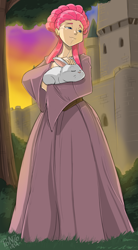 Size: 2122x3857 | Tagged: safe, artist:shonuff44, angel bunny, fluttershy, human, rabbit, g4, animal, castle, clothes, commission, dress, duo, female, high res, humanized, looking away, medieval, princess, smiling