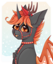 Size: 2000x2400 | Tagged: safe, artist:saltyvity, oc, oc:teen spirit, alicorn, changedling, changeling, fawn, hybrid, pony, bat wings, black, blushing, bridle, christmas, christmas changeling, commission, cute, ear fluff, embarrassed, fluffy, happy new year, harness, high res, holiday, horn, licking, licking lips, orange changeling, orange eyes, orange hair, snow, snowfall, snowflake, solo, sparkles, tack, tongue out, wings, winter