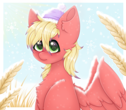Size: 2400x2100 | Tagged: safe, artist:saltyvity, oc, oc only, pegasus, pony, blue background, blushing, christmas, commission, cute, cute smile, ear fluff, embarrassed, fluffy, grass, green eyes, hat, high res, holiday, pegasus oc, red, simple background, snow, snowfall, snowflake, solo, sparkles, wings, winter, winter hat, yellow hair