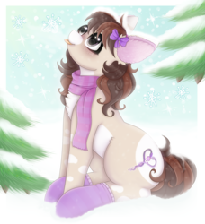 Size: 2100x2300 | Tagged: safe, artist:saltyvity, oc, oc only, earth pony, pony, blue background, blushing, bow, brown eyes, brown hair, catching snowflakes, chest fluff, christmas, christmas tree, clothes, commission, cute, ear fluff, embarrassed, fir tree, fluffy, hair bow, high res, holiday, looking up, mealy mouth (coat marking), outdoors, pale belly, purple, scarf, simple background, sitting, snow, snowfall, snowflake, socks, solo, sparkles, tongue out, tree, winter, winter outfit