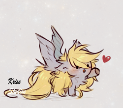 Size: 717x631 | Tagged: safe, artist:krissstudios, derpy hooves, pegasus, pony, g4, :o, chibi, cute, fluffy, gray background, heart, long hair, open mouth, simple background, solo, spread wings, wings