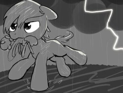 Size: 781x593 | Tagged: safe, artist:wenni, oc, oc only, oc:snicker, breezie, earth pony, pony, grayscale, lightning, monochrome, mouth hold, rain, running