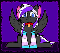 Size: 1552x1366 | Tagged: safe, artist:xxv4mp_g4z3rxx, oc, oc only, pegasus, pony, bell, bell collar, blue eyes, bow, cat bell, clothes, collar, female, hair bow, looking at you, mare, pegasus oc, pride, pride flag, pride socks, socks, solo, spread wings, striped socks, tail, transgender pride flag, two toned mane, two toned tail, wings