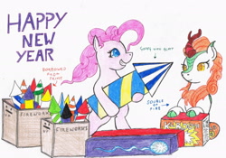 Size: 2238x1570 | Tagged: safe, artist:assertiveshypony, autumn blaze, pinkie pie, earth pony, kirin, pony, g4, bipedal running, box, boxers, cloven hooves, crates, drawing, fireworks, happy new year, happy new year 2023, holiday, implied nirik, running, running with fireworks, simple background, smiling, standing on two hooves, this will end in explosions, traditional art