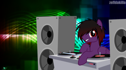 Size: 4435x2477 | Tagged: safe, artist:zeffdakilla, oc, oc only, oc:frankie fang, pegasus, pony, abstract background, dj booth, emo, looking at you, raised hoof, record, scene, scene kid, smiling, smiling at you, solo, speaker, turntable