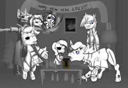 Size: 2480x1709 | Tagged: safe, artist:damset, oc, oc only, oc:da-mset, changeling, g1, g2, g3, g3.5, g4, 3d, cider, cloak, clothes, drunk, happy new year, happy new year 2023, holiday, monochrome, one eyed, party, pony in a bottle, squatpony, t pose, warp-zone