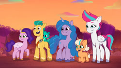 Size: 3072x1727 | Tagged: safe, screencap, hitch trailblazer, izzy moonbow, peach fizz, pipp petals, sparky sparkeroni, zipp storm, dragon, earth pony, pegasus, pony, unicorn, firework-ing together, g5, my little pony: tell your tale, spoiler:g5, spoiler:my little pony: tell your tale, spoiler:tyts01e42, baby, baby dragon, female, filly, foal, high res, male, mare, open mouth, open smile, physique difference, slender, smiling, stallion, thin, youtube link
