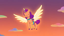 Size: 3072x1727 | Tagged: safe, screencap, sunny starscout, alicorn, pony, firework-ing together, g5, my little pony: tell your tale, spoiler:g5, spoiler:my little pony: tell your tale, spoiler:tyts01e42, eyes closed, female, flying, glowing, glowing horn, high res, horn, mane stripe sunny, mare, race swap, smiling, solo, spread wings, sunnycorn, wings, youtube link