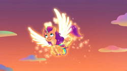 Size: 3072x1727 | Tagged: safe, screencap, sunny starscout, alicorn, pony, firework-ing together, g5, my little pony: tell your tale, spoiler:g5, spoiler:my little pony: tell your tale, spoiler:tyts01e42, female, flying, glowing, glowing horn, high res, horn, looking up, mane stripe sunny, mare, race swap, smiling, solo, spread wings, sunnycorn, wings, youtube link