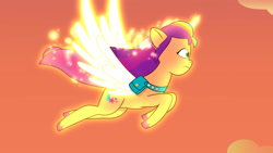 Size: 3072x1727 | Tagged: safe, screencap, sunny starscout, alicorn, pony, firework-ing together, g5, my little pony: tell your tale, spoiler:g5, spoiler:my little pony: tell your tale, spoiler:tyts01e42, female, flying, frown, glowing, glowing horn, high res, horn, mane stripe sunny, mare, race swap, solo, spread wings, sunnycorn, wings, youtube link
