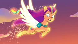 Size: 3072x1727 | Tagged: safe, screencap, sunny starscout, alicorn, pony, firework-ing together, g5, my little pony: tell your tale, spoiler:g5, spoiler:my little pony: tell your tale, spoiler:tyts01e42, female, flying, glowing, glowing horn, high res, horn, mane stripe sunny, mare, open mouth, race swap, solo, spread wings, sunnycorn, wings, youtube link