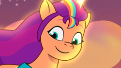 Size: 3072x1727 | Tagged: safe, screencap, sunny starscout, alicorn, pony, firework-ing together, g5, my little pony: tell your tale, spoiler:g5, spoiler:my little pony: tell your tale, spoiler:tyts01e42, female, flying, glowing, glowing horn, high res, horn, mane stripe sunny, mare, race swap, smiling, solo, sunnycorn, youtube link