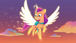 Size: 3072x1727 | Tagged: safe, screencap, sunny starscout, alicorn, pony, firework-ing together, g5, my little pony: tell your tale, spoiler:g5, spoiler:my little pony: tell your tale, spoiler:tyts01e42, female, flying, glowing, glowing horn, high res, horn, lip bite, mane stripe sunny, mare, race swap, solo, spread wings, sunnycorn, wings, youtube link