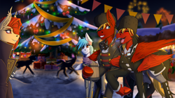 Size: 2560x1440 | Tagged: safe, artist:twotail813, oc, oc only, oc:gear, oc:nightsun, oc:rane wein, oc:twotail, bat pony, pegasus, pony, brother and sister, christmas, christmas lights, christmas tree, cider, clothes, fangs, female, fireworks, happy new year, happy new year 2023, hat, holiday, male, new year, present, scarf, siblings, smiling, snow, stallion, tree, wings, yay