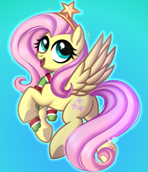 Size: 735x850 | Tagged: safe, artist:kannakiller, fluttershy, pegasus, pony, g4, butt, christmas, commission, digital art, female, flying, full body, gradient background, happy new year, holiday, looking back, mare, open mouth, open smile, plot, raised hoof, smiling, solo, spread wings, stars, tinsel, wings