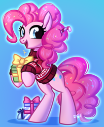 Size: 696x850 | Tagged: safe, artist:kannakiller, pinkie pie, earth pony, pony, g4, candy, candy cane, christmas, clothes, commission, digital art, food, full body, gradient background, happy new year, holiday, looking at you, open mouth, open smile, present, smiling, smiling at you, solo, standing, sweater