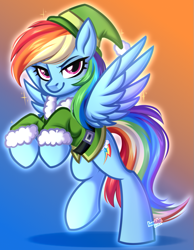 Size: 661x850 | Tagged: safe, artist:kannakiller, rainbow dash, pegasus, pony, g4, backwards cutie mark, christmas, clothes, commission, digital art, female, gradient background, happy new year, hat, holiday, looking at you, mare, raised hoof, smiling, smiling at you, solo, standing, wings