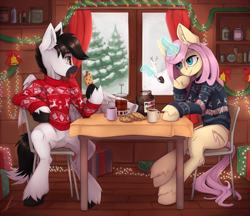 Size: 4000x3450 | Tagged: safe, artist:midnightflight, oc, oc only, pegasus, pony, unicorn, bell, chair, cookie, cup, food, happy new year, holiday, horn, kitchen, new year, not fluttershy, nutella, oc x oc, pegasus oc, present, shipping, string lights, table, teacup, tree, unicorn oc, unshorn fetlocks, window