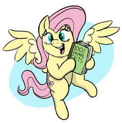 Size: 2671x2716 | Tagged: safe, artist:doodledonutart, fluttershy, pegasus, pony, g4, book, cute, female, high res, hoof hold, mare, open mouth, open smile, shyabetes, simple background, smiling, solo, spread wings, white background, wings
