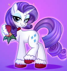 Size: 732x780 | Tagged: safe, artist:kannakiller, rarity, pony, unicorn, g4, bells, blushing, choker, clothes, collar, commission, digital art, female, full body, holly, horn, looking at you, mare, simple background, smiling, smiling at you, solo, sparkles