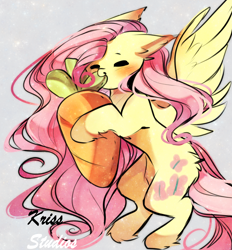 Size: 1952x2100 | Tagged: safe, artist:krissstudios, fluttershy, pegasus, pony, g4, belly, carrot, concave belly, eyes closed, food, giant food, herbivore, leg fluff, nom, simple background, solo