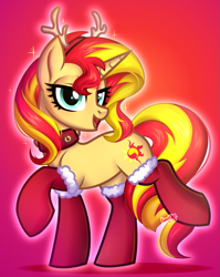 Size: 677x850 | Tagged: safe, artist:kannakiller, sunset shimmer, pony, unicorn, bells, choker, christmas, clothes, collar, commission, deer horn, digital art, female, full body, happy new year, holiday, horn, looking at you, mare, open mouth, raised hoof, simple background, smiling, solo, sparkles, stockings, thigh highs