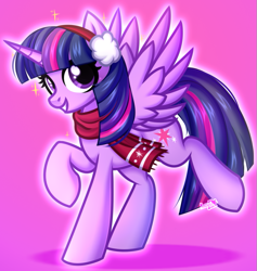 Size: 735x776 | Tagged: safe, artist:kannakiller, twilight sparkle, alicorn, pony, christmas, clothes, commission, female, full body, happy new year, holiday, horn, looking at you, mare, raised hoof, scarf, simple background, smiling, smiling at you, solo, sparkles, twilight sparkle (alicorn), wings