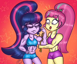 Size: 1396x1164 | Tagged: safe, artist:purfectprincessgirl, sci-twi, sour sweet, twilight sparkle, human, equestria girls, g4, :o, abs, biceps, clothes, eyes closed, female, flexing, glasses, measuring tape, midriff, muscles, muscular female, open mouth, sci-twi muscle, shorts, smug, sour swole, sports bra, sports shorts, surprised