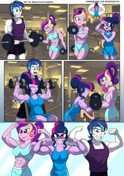 Size: 1920x2716 | Tagged: safe, artist:dncsamsonart, alumnus shining armor, dean cadance, princess cadance, sci-twi, shining armor, twilight sparkle, human, equestria girls, g4, my little pony equestria girls: friendship games, abs, alternate ending, biceps, brother and sister, clothes, dean ca-dense, dumbbell (object), family, female, flexing, glasses, grin, gritted teeth, gym, male, midriff, muscles, muscular female, muscular male, sci-twi muscle, shorts, siblings, smiling, sports bra, sports shorts, sweat, swelling armor, teeth, twilight muscle, vein bulge, weights, what if, workout, workout outfit