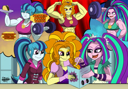 Size: 1920x1334 | Tagged: safe, artist:dncsamsonart, adagio dazzle, aria blaze, sonata dusk, human, equestria girls, g4, abs, acardio dazzle, aria brute, aria buff, biceps, bodybuilder, bodybuilding contest, clothes, dumbbell (object), female, flexing, food, grin, imagine spot, medal, muscles, muscular female, open mouth, open smile, plate, smiling, strong, swolenata dusk, taco, thought bubble, weights, workout outfit