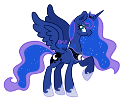 Size: 3000x2500 | Tagged: safe, artist:edgyanimator, princess luna, alicorn, pony, g4, blue, blue coat, crown, digital art, ear fluff, eyeshadow, female, full body, happy, high res, hoof shoes, horn, jewelry, makeup, mare, raised hoof, regalia, simple background, smiling, solo, spread wings, standing, tail, tiara, white background, wings