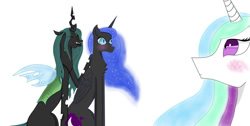 Size: 1641x828 | Tagged: safe, artist:nismorose, nightmare moon, princess celestia, queen chrysalis, alicorn, changeling, changeling queen, pony, g4, blushing, chest fluff, ear fluff, ethereal mane, eye clipping through hair, eyeshadow, fangs, female, grin, horn, insect wings, lesbian, makeup, mare, no mouth, sharp teeth, ship:chrysmoon, shipping, shocked, shocked expression, simple background, sitting, slit pupils, smiling, sparkly mane, starry mane, teeth, white background, wide eyes, wings