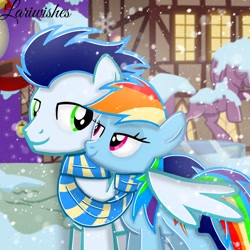 Size: 1300x1300 | Tagged: safe, artist:mlplary6, rainbow dash, soarin', pegasus, pony, g4, boyfriend and girlfriend, clothes, female, hug, looking at each other, looking at someone, love, male, mare, scarf, shared clothing, shared scarf, ship:soarindash, shipping, smiling, smiling at each other, snow, snowfall, stallion, straight, striped scarf, winghug, wings