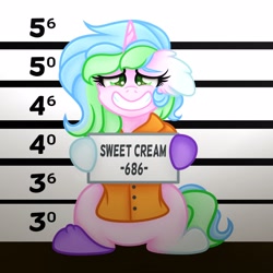 Size: 2048x2048 | Tagged: safe, artist:sweet cream, oc, oc only, oc:sweet cream, pony, unicorn, clothes, grin, high res, horn, mugshot, nervous, nervous smile, prison outfit, prisoner, smiling, unicorn oc