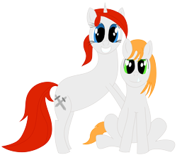 Size: 2350x2050 | Tagged: safe, artist:ragmo, oc, oc only, oc:caveman pony, oc:swift sword, earth pony, pony, unicorn, 2023 community collab, derpibooru community collaboration, bipedal, duo, high res, horn, simple background, sitting, transparent background