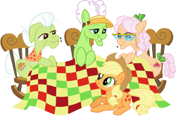 Size: 4551x3000 | Tagged: safe, artist:cloudy glow, apple rose, applejack, auntie applesauce, granny smith, earth pony, pony, apple family reunion, g4, cowboy hat, elderly, female, glasses, hat, high res, mare, rocking chair, simple background, stetson, transparent background, vector