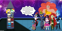 Size: 1264x632 | Tagged: safe, artist:robukun, rainbow dash, human, equestria girls, g4, bondage, bound and gagged, catwoman, crossover, dc comics, dc superhero girls, fireworks, gag, giganta, harley quinn, livewire, muffled words, new years eve, poison ivy, power girl, rocket, star sapphire, supergirl, tape, tape gag, tied up