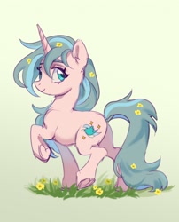 Size: 2480x3066 | Tagged: safe, artist:lunnita_pony, oc, oc only, pony, unicorn, female, flower, flower in hair, gradient background, grass, high res, horn, looking at you, mare, raised hoof, raised leg, side view, solo, underhoof, unicorn oc