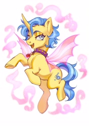 Size: 2480x3508 | Tagged: safe, artist:lunnita_pony, oc, oc only, choker, female, high res, horn, lidded eyes, looking at you, smiling, solo, spiked choker, spread wings, wings