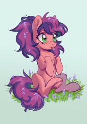 Size: 2480x3508 | Tagged: safe, artist:lunnita_pony, oc, oc only, earth pony, pony, blushing, chest fluff, earth pony oc, female, flower, flower in hair, freckles, gradient background, grass, high res, mare, sitting, solo, tongue out, underhoof