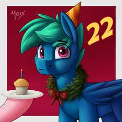 Size: 4000x4000 | Tagged: safe, artist:supermoix, oc, oc:supermoix, pegasus, pony, birthday, candle, cute, food, hat, looking at you, muffin, party, party hat, smiling, solo, standing