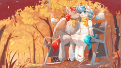 Size: 1920x1080 | Tagged: safe, artist:peachmayflower, artist:tx547, oc, oc only, oc:ericken, oc:time slowly, alicorn, pony, unicorn, alicorn oc, animated, bench, blushing, clothes, duo, ericly, forest, glasses, horn, leaves, scarf, webm, wings
