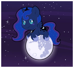 Size: 1600x1468 | Tagged: safe, artist:doctor-g, princess luna, alicorn, pony, g4, chibi, cute, ethereal mane, female, filly, jewelry, mare in the moon, moon, regalia, solo, starry eyes, starry mane, tangible heavenly object, wingding eyes, woona, younger