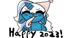 Size: 1252x638 | Tagged: safe, artist:ry3br3ad1234, oc, oc:fleurbelle, alicorn, pony, 2023, alicorn oc, eyes closed, female, happy, happy new year, hat, holiday, horn, mare, new year, party hat, party horn, wings